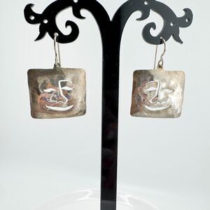 Vintage 925 Sterling Silver Artisan Face Hammered Square Drop Earrings Unique
